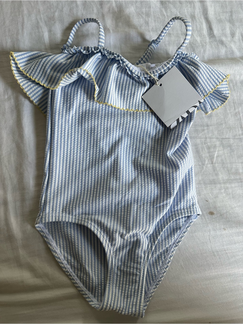 Zara Light Blue & White Striped Ruffle One-Piece Swimsuit with Yellow Trim